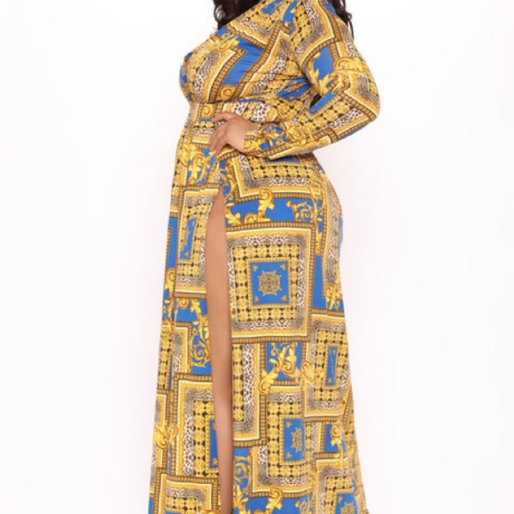 Fashion Nova Blue and Gold Patterned Maxi Dress - Picture 10 of 13